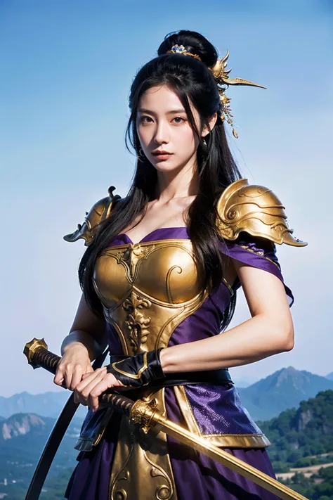 Close-up of a woman in a dress holding a sword, author：The J, animated fantasy illustration, 2.  5D CGI anime fantasy art , Chinese Fantasy, xianxia fantasy, author：Fan Qi, Inspired by Lan Ying, Popular digital fantasy art , Beautiful character painting,  ...