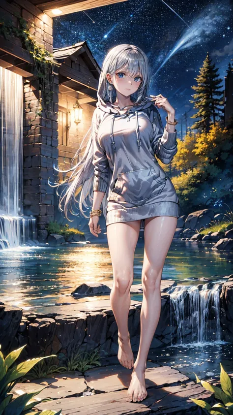 ((Waterfalls in the forest at night with beautiful stars:1.3)), ((Standing in the river in front of the waterfall:1.3)), ((looking away, look up at the starry sky:1.5)), Firefly, BREAK, ((18-years old)), (silver long hair:1.5), reflective hair, ((focus fac...