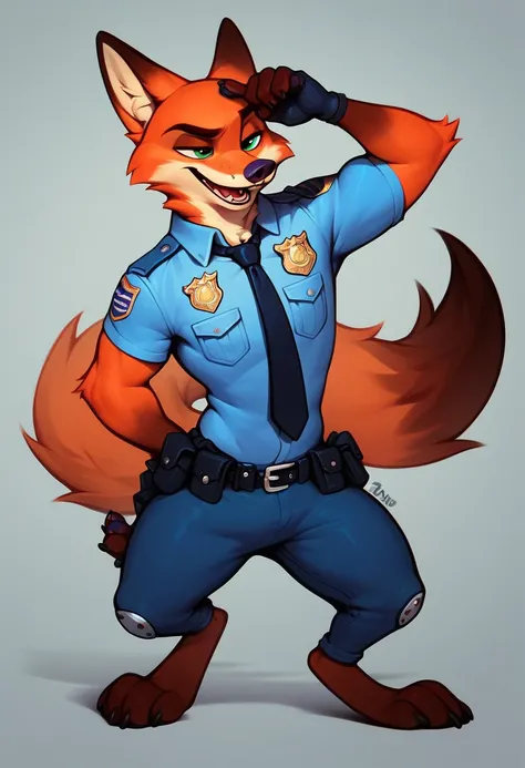 Nick the Fox Man in Zootopia。Wearing a police uniform。The lower abdomen of the 。 pants working at the police station is large and swollen。