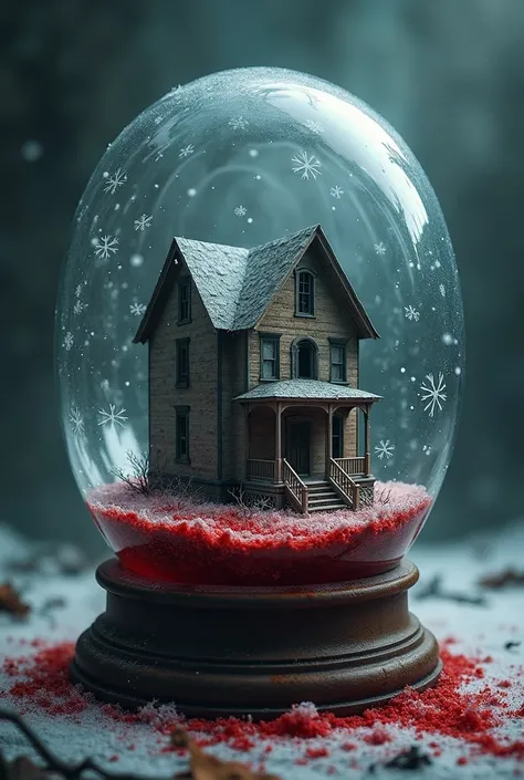  Make a book cover , with an abandoned house inside a blood-stained snow globe,  with the written title  "a casa de Lake City"