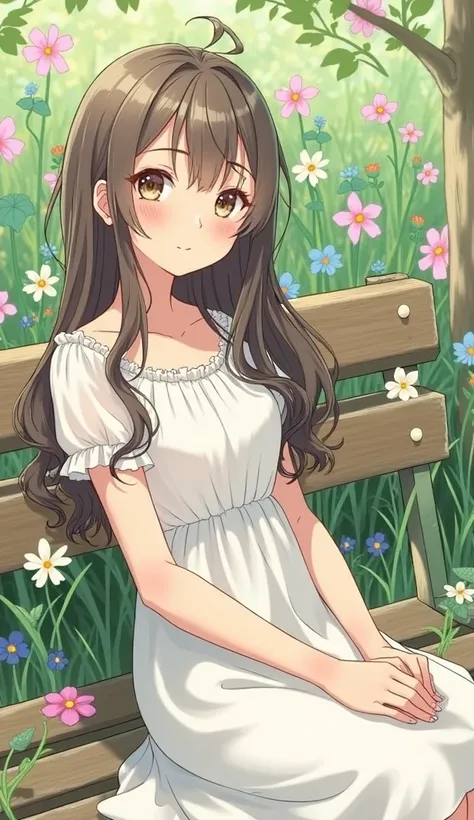 a close up of a woman sitting on a bench in a field of flowers, beautiful drawing style, realistic cute girl painting, trending on artstration, beautiful character painting, cute art style, in the art style of bowater, painting of beautiful, beautiful anim...