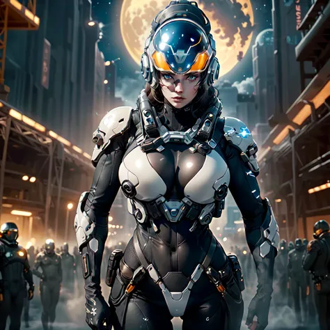 (masterpiece, best quality, ultra detailed, absurdres)1.5, 1girl, (sexy, beautiful woman, perfect face, perfect eyes, perfect female body, huge breasts)1.5, (science fiction, spacesknigts, armor, bodysuit, helmet, holding laser rifle,  ), (standing, outdoo...