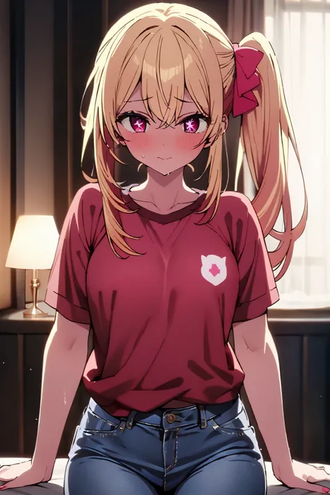 NSFW,masterpiece, top quality , high res, very detailed,Hoshino Ruby(My Favorite ),Star-shaped pupils, long hair, side ponytail,Blonde, casual clothes