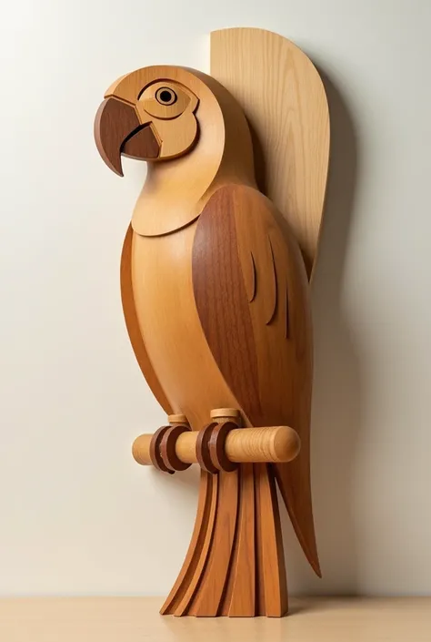 Create a minimalist and modern wood carving of a macaw