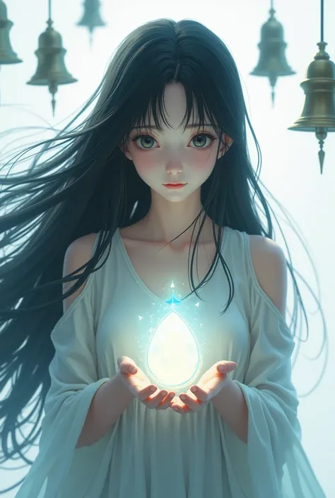 Anime 
strange
goddess
innocent face
Long black hair blowing in the wind to the left
black eye 
Two hands catch the glowing stone
Pure white background
Behind there are many hanging bells