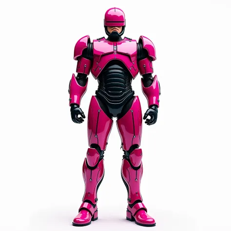 Make an image of the classic Robocop from the 1980 movie in stainless steel pink. white background png. ((comic drawing)).