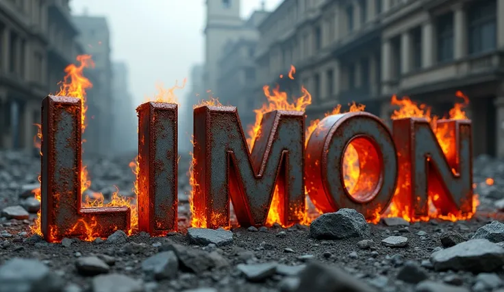 A hauntingly realistic 3D render of a war-torn cityscape with a massive, destroyed building dominating the foreground. The rubble-strewn streets are reminiscent of the devastation of conflict. In the foreground, the 3D text "LIMON" is crafted from rusted m...