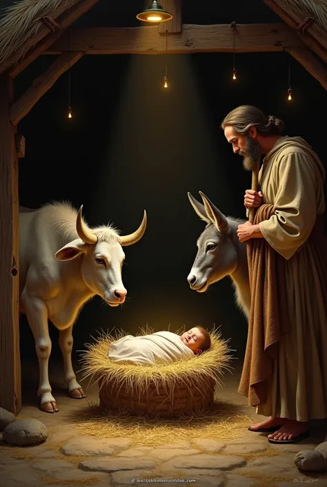 The birth of the baby Jesus in the manger and the animals watching