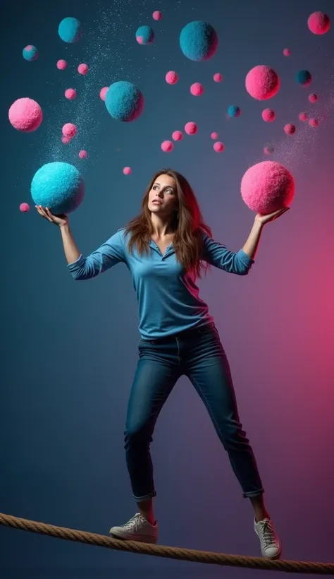 A woman trying to balance on a rope. She holds a blue ball in her left hand and a pink ball in her right hand, struggling to maintain her balance. She has a scared expression on her face. Around her, hormone molecules are flying everywhere, depicted in dar...