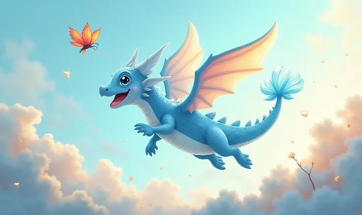 Cute　
Ice Dragon flying 　happiness　and a butterfly flying 




