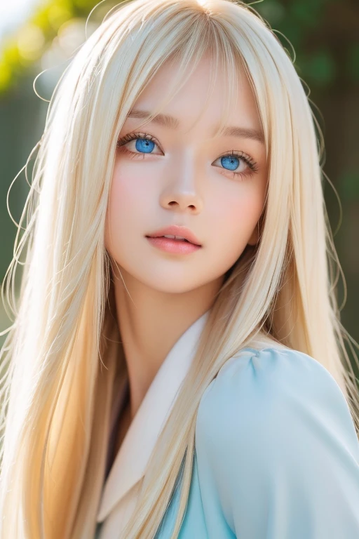 Very beautiful young face that shines for the first time 、 very beautiful face、 beautiful girl with very white blondes 、super vibrant super long silky shiny metallic butter platinum blondes hair、 super long straight silky hair 、 messy bangs sexy cute girl ...