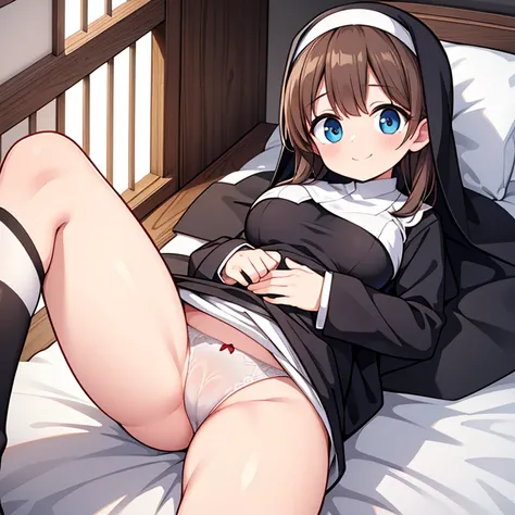 ((top quality)), ((masterpiece)), (Details),
bed,
((nun)), knee socks, (from below), lie on back, spread legs, camel toe, look at viewer,
brown hair, medium hair, wavy hair,
plump, ((disproportionate breasts)), heavy chest, ((oiled skin)), (hands on own ch...