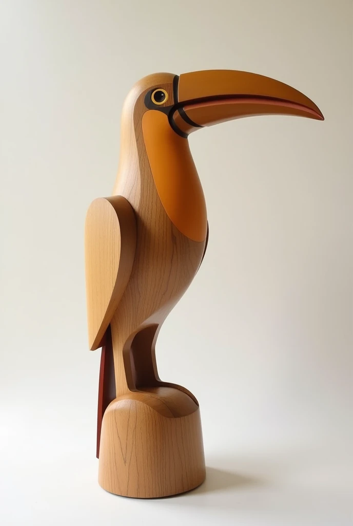 Create a modern and minimalist wooden sculpture of a toucan