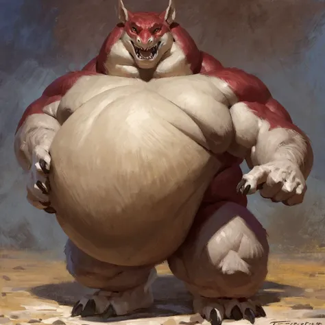 Detailed painting, by Taran Fiddler, closeup, outlook view, wide angle, feral, hybrid rhino dragon, standing on four limbs, full body, friendly, fat, round belly, dominant belly, huge belly, bloated belly, big muscles, wide body, thick body muscles, full b...