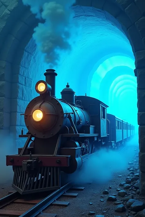 Old Trains mysterious realestic coming from a blue portal magical blue colours