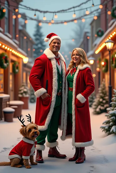 The rock in christmas suit and Melissa maccarthysme in christmas street with Yorkshire dog in reindeer suit and baby Yorkshire dog in reindeer suit