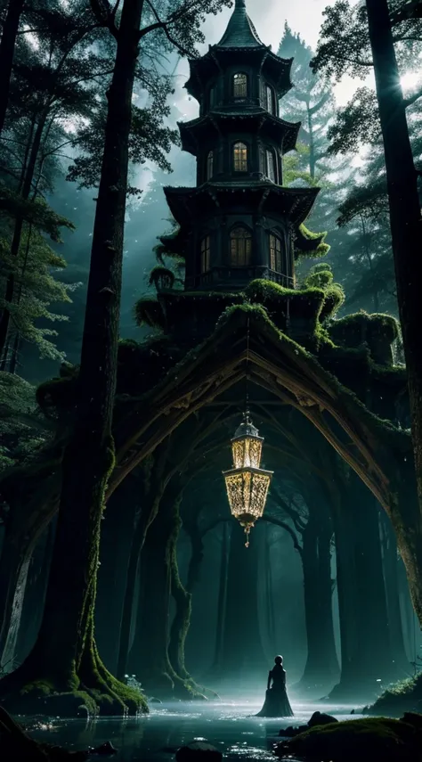 "A grand, ancient palace hidden deep within a mythical dark forest, its towering spires and intricate carvings partially shrouded by thick, creeping vines and glowing moss. The palace is constructed of black obsidian stone, reflecting faint moonlight that ...