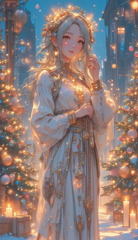 goddess, night, is surrounded by festive elements such as decorated Christmas trees   ,   goddessは伝統的なクリスマス衣装を身に着け、 is surrounded by festive elements such as decorated Christmas trees 宝石  ,   A very gentle smile ,   hanging ornaments and lit candles  . hig...