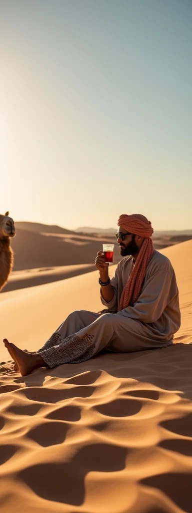 Man in Moroccan desert dress sitting and drinking Moroccan tea in the desert with sand dunes and a camel sitting next to him
Wide angle photo