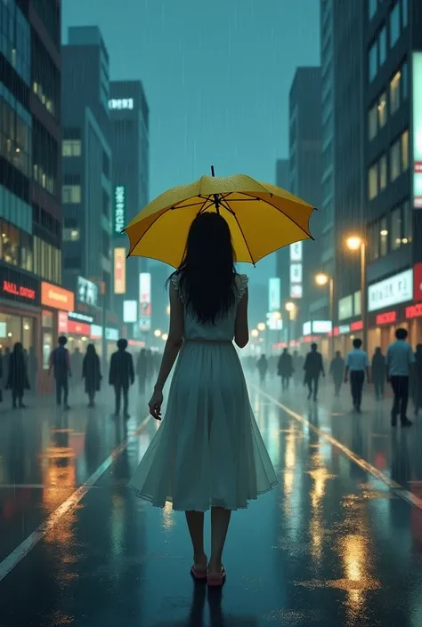  a girl feeling lonely in Tokyo at night during a heavy rain with a bright light on the building and carrying a yellow umbrella, she wears a white dress .  facing from behind the woman 