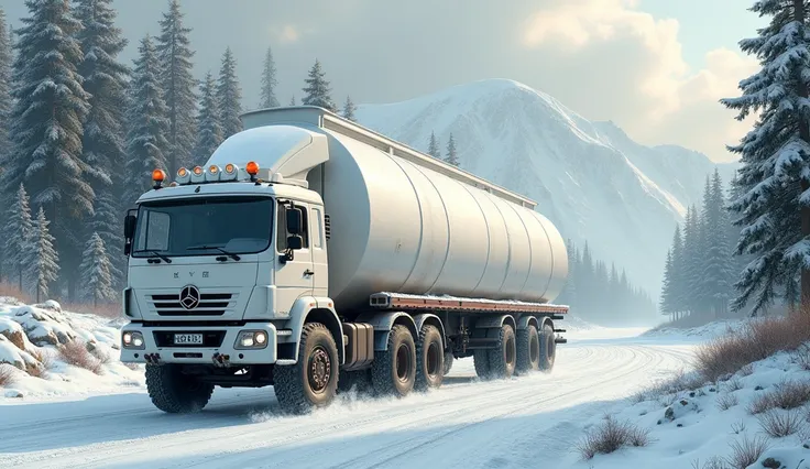 Transport on a asian big vase wihte truck winter nature road