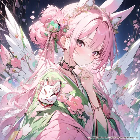 ,a girl々）sexy beautiful, sakura shaped choker, (masterpiece, highest quality), official art, beautiful and aesthetic: 1.2), (1 girl), very detailed, (green art: 1.3), colorful, pink long hair, half body, angel wings, green yukata, bunny ears, japan fox mas...