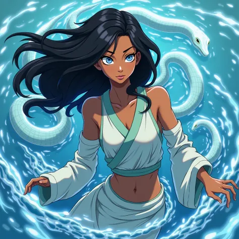 "A transgender man with brown skin,  with striking feminine features and a delicate face ,  long, loose hair , designed in the style of The Legend of Korra . He dominates the water in a fluid and powerful pose ,  with shiny marks in the shape of aquatic sn...