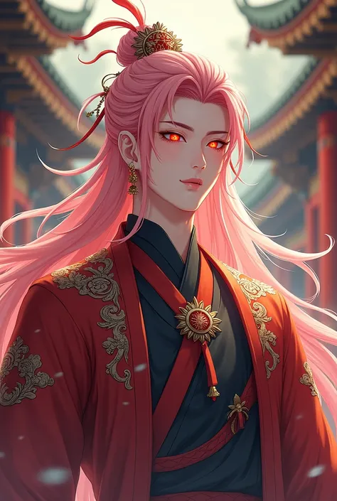 Man with long pink babello, red eyes mixed with gold, ancient Chinese clothing ( anime style )