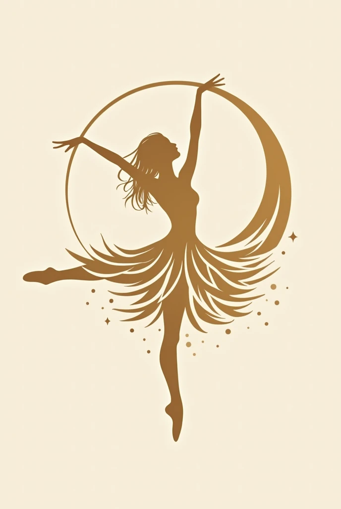 Create a logo of a ballerina in a arabesque pose (her one leg must be in the air in 90 degrees). The ballerina must have long hair which move upwards, her dress must be long and resemble to water waves. The logo must have circle shape and be in gold and li...