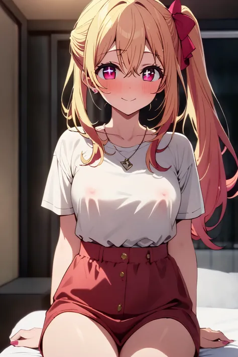 NSFW,masterpiece, top quality , high res, very detailed,Hoshino Ruby(My Favorite ),Star-shaped pupils, long hair, side ponytail,Blonde, casual clothes,Date