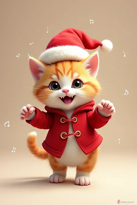 Create an image of cute little kitten standing dancing wearing red jacket and Santa Claus hat 
He smiles 