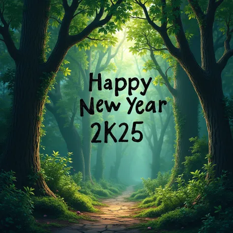 "Happy New Year 2K25" hobe tree leaves diye, jeta ekti dark green & pink  forest canopy-er niche thakbe.
Subtext hobe handwritten-style text, jeta moss-er texture er moto green hobe.
Ocean Waves Bliss:
