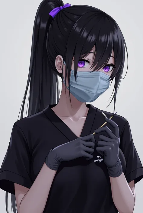 Nurse wearing black scrubs black latex gloves and a black surgical mask shes holding a match black hair, long hair, ponytail, very long hair, ribbon, hair ribbon, purple eyes