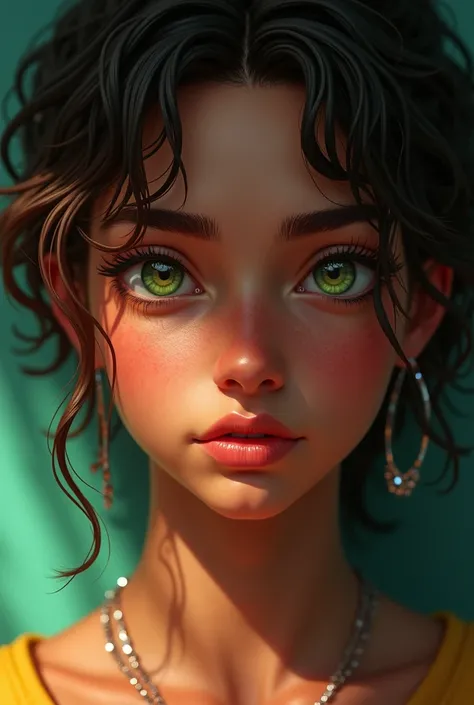 young adult, of Brazilian descent, slightly dark and tanned skin, like that of a Brazilian, and green eyes