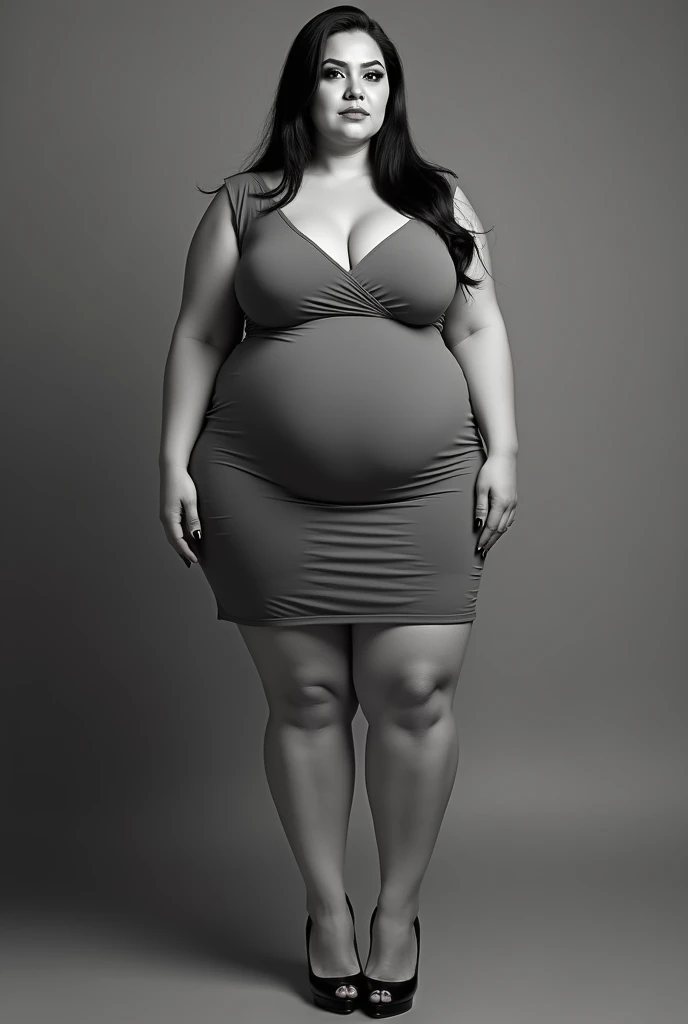 ((Bbw)), ((plumpy woman)), ((tall)), ((milf)), puffy cheeks, plump face, (caucasian woman), long black straight hair, beautiful, big boobs, wide hips, wearing a grey short sleeveless dress with small black heels, lipstick, eyeshadow, (realistic masterpiece...