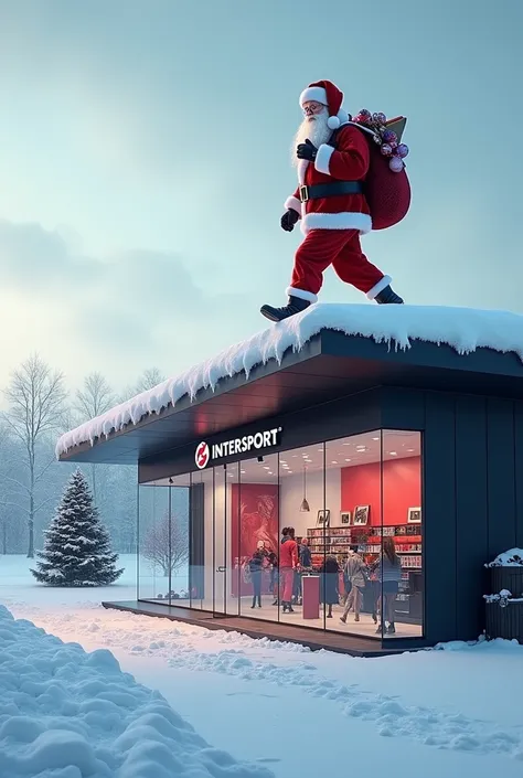 A modern sports store with the INTERSPORT brand 
With snow
And a Santa Claus walking by on the roof with a hood full of gifts