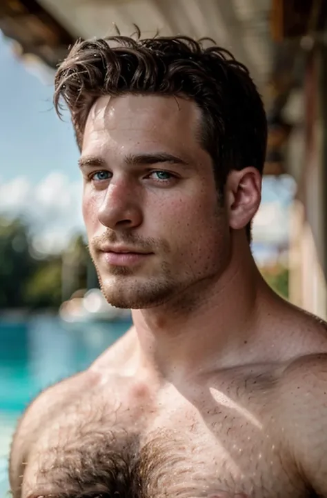 Epic realism, (male focus), front close up portrait photography of nick sandell without a shirt posing for a photo, deep photo, depth of field, Superia 400, Bokeh, professionally shot photography, realistic lighting, hairy chest, big pecs