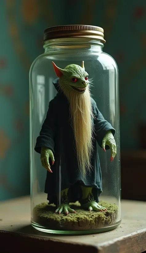 Cinematic portrait of a miniature queen snake in a glass jar, a miniature devil figure of an queen green snake with a scary long beard, long hair down to his feet, emaciated body shriveled up like a mummy, very long hair, red eyes, long pig fangs, long sha...