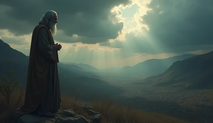 "A poignant and emotional depiction of the prophet Ezekiel standing on a mountain, overlooking the Valley of Dry Bones, with a sorrowful and contemplative expression. Ezekiel, with a long white beard and flowing robes, gazes down at the valley filled with ...