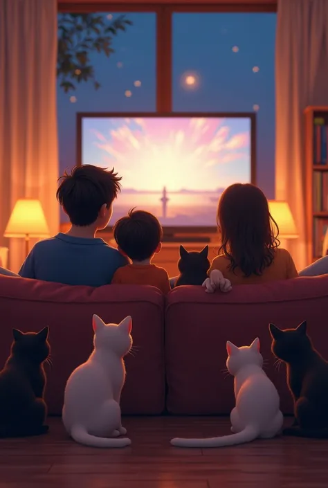 Famille de 4 personnes de dos sur un canapé avec 4 chats qui regarde la tele en mangeant des pop corns