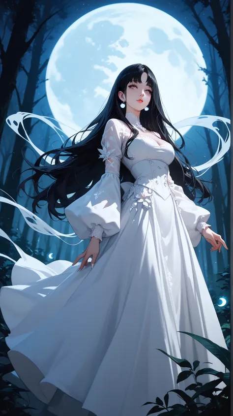 A tall beautiful ghost woman, long black hair, wearing a white dress, in the dark forest at night with shining moon. Anime