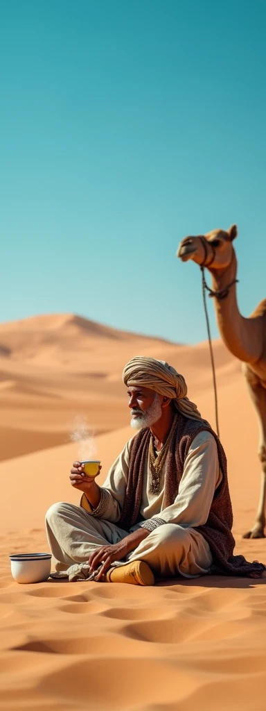 Man in Moroccan desert dress sitting and drinking Moroccan tea in the desert with sand dunes and a camel sitting next to him
Blue sky
Wide angle shot from far away