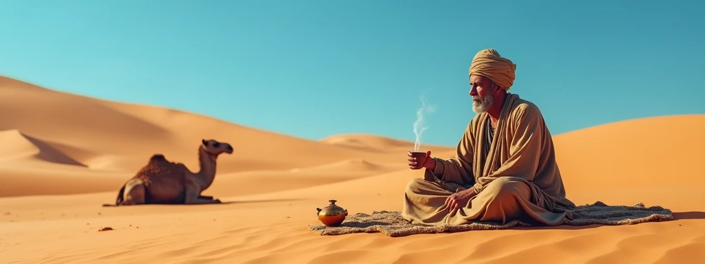 Man in Moroccan desert dress sitting and drinking Moroccan tea in the desert with sand dunes and a camel sitting next to him
Blue sky
Wide angle shot from far away