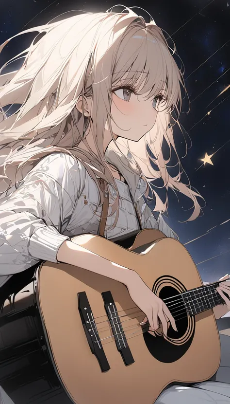 1 singer woman,flat chest,playing acoustic guitar,looking up to night sky,best quality,artistic,conceptual art, masterpiece, Super Detail, Attention to detail, high quality, 最high quality, High resolution,good perfect fingers