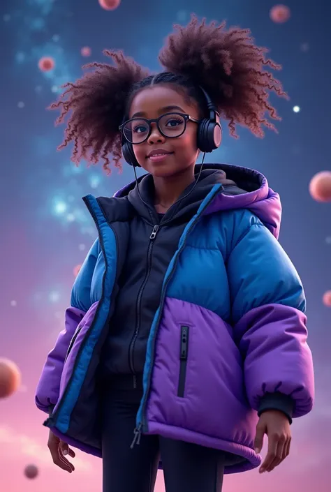  A 16-year-old African-American teenage girl with curly hair braided and round glasses floating in a cosmos, wearing a blue and purple coat and black pants with a Bluetooth gamer ,  and a head-on perspective , and shes far away  