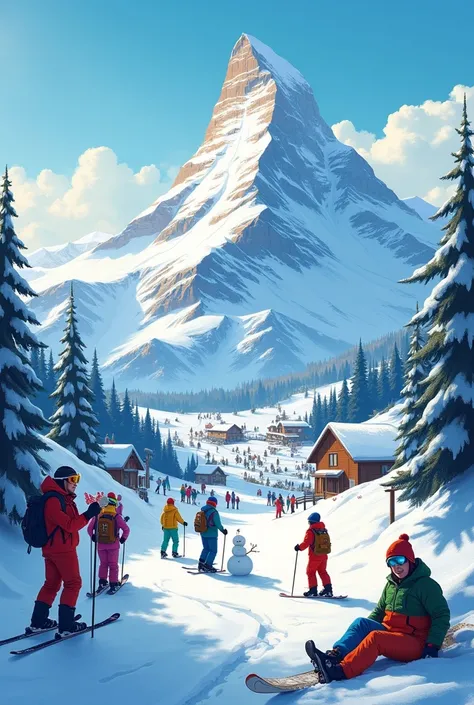 Create a photo of a snowy peak with many happy people 