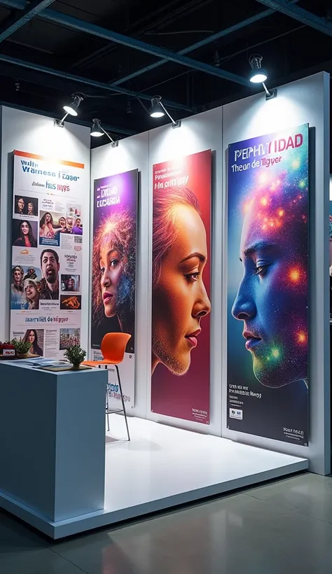 A high-quality, vibrant image showcasing a booth at a trade show or exhibition, with various printed materials on display. The scene includes large, eye-catching posters, promotional flyers, and branded banners featuring vivid colors and high-resolution im...