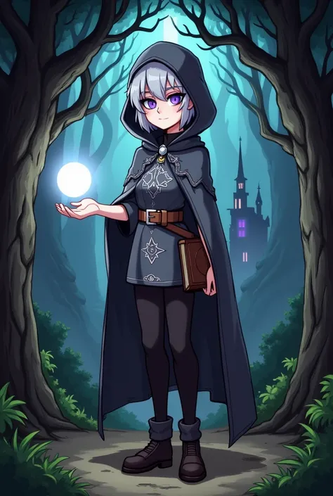 Young girl wearing a charming, worn gray hooded cape with a soft, muted texture, reminiscent of a traditional ‘little red riding hood’ style but with a dark, mysterious twist. Her hood is pulled up, partially shadowing her face, adding an air of secrecy. B...