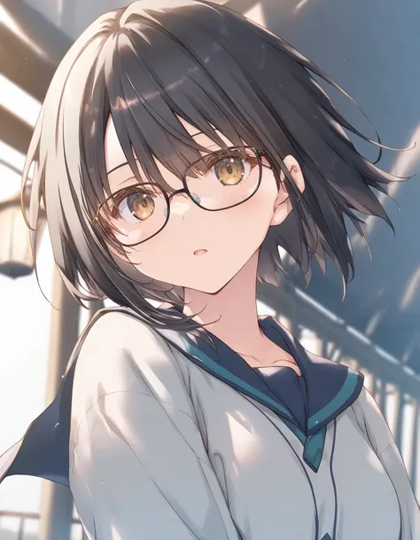 1girl, school, little female, black hair, short hair, glasses, small breasts, beautiful detailed eyes,open mouth, expressionless, outdoors,wind,fantasy, game CG, break,(artist:mitsumi_misato),artist:fujiyama,artist:kokonoka, break,(masterpiece), (best qual...