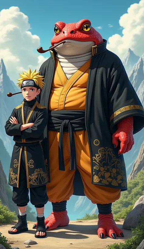 Naruto wears a black and yellow coat with intricate patterns, standing proudly on the side A majestic and wise anthropomorphic toad with a serious expression, sitting in a serene outdoor setting. The toad has a muscular build, red skin with textured warts,...